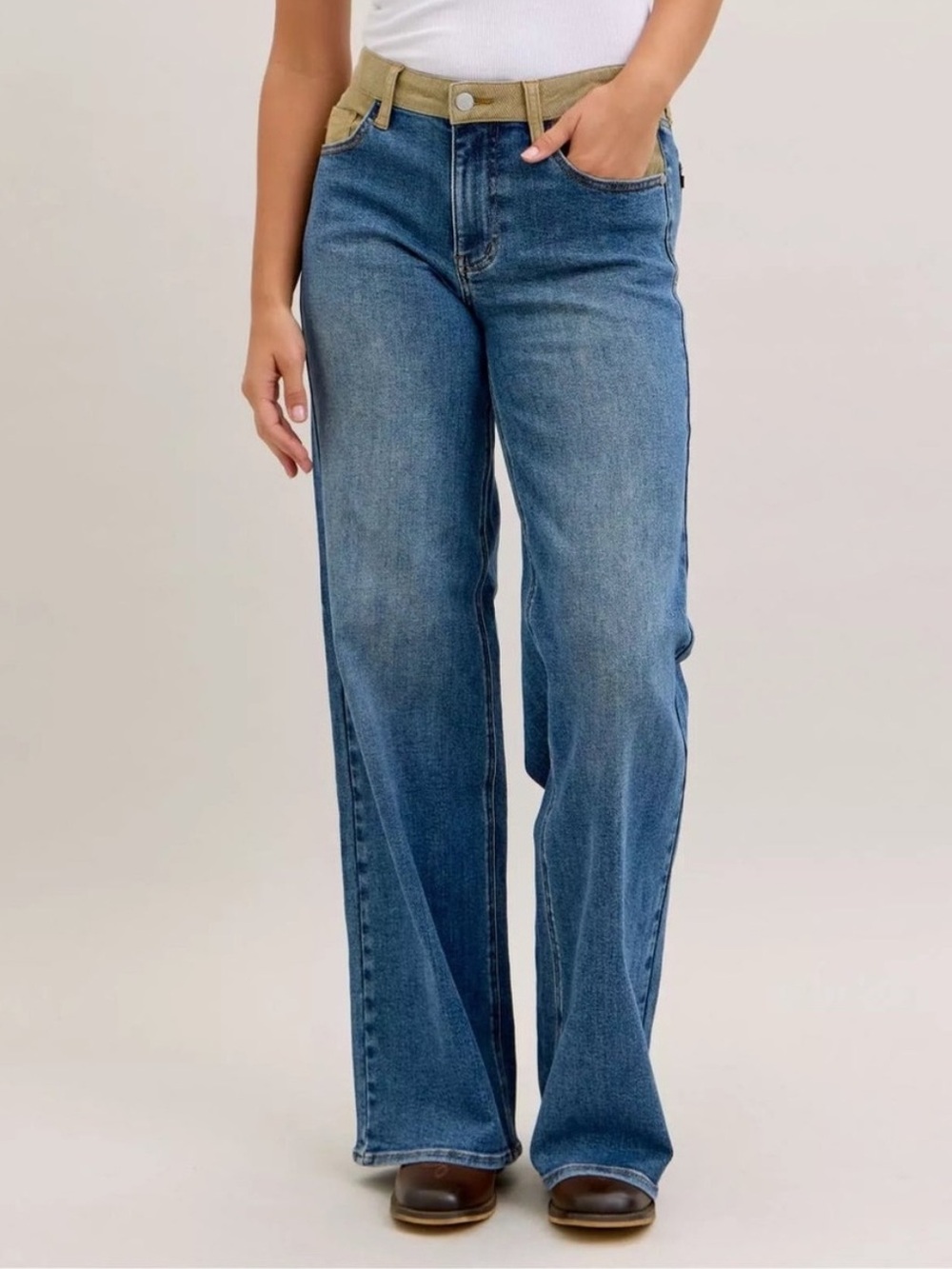 Judy Blue Column Straight Jeans Mid-Rise Wide Leg Denim with Tan Corduroy Waist